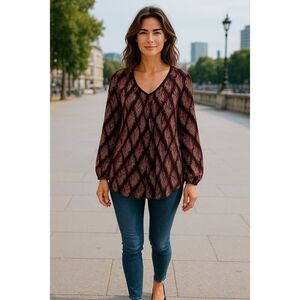 Blu Pepper Sheer Boho Women’s Blouse Top S  Chevron Long Sleeve Lightweight